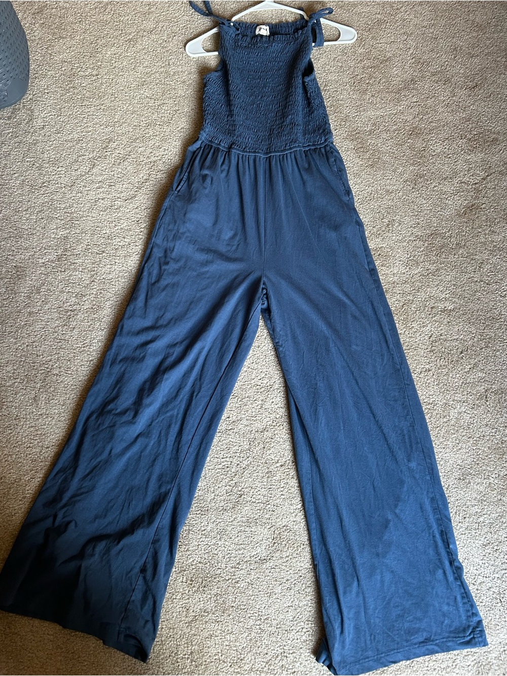 Pact Navy Smocked Bodice Wide-Leg Jumpsuit with Tie Straps